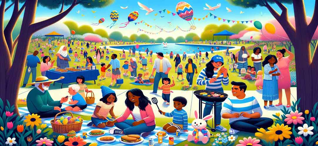 Easter celebration in New Jersey. At a lively park filled with blooming flowers, several families of diverse descents are taking part in Easter festivities. Easter celebration in New Jersey. At a lively park filled with blooming flowers, several families of diverse descents are taking part in Easter festivities.